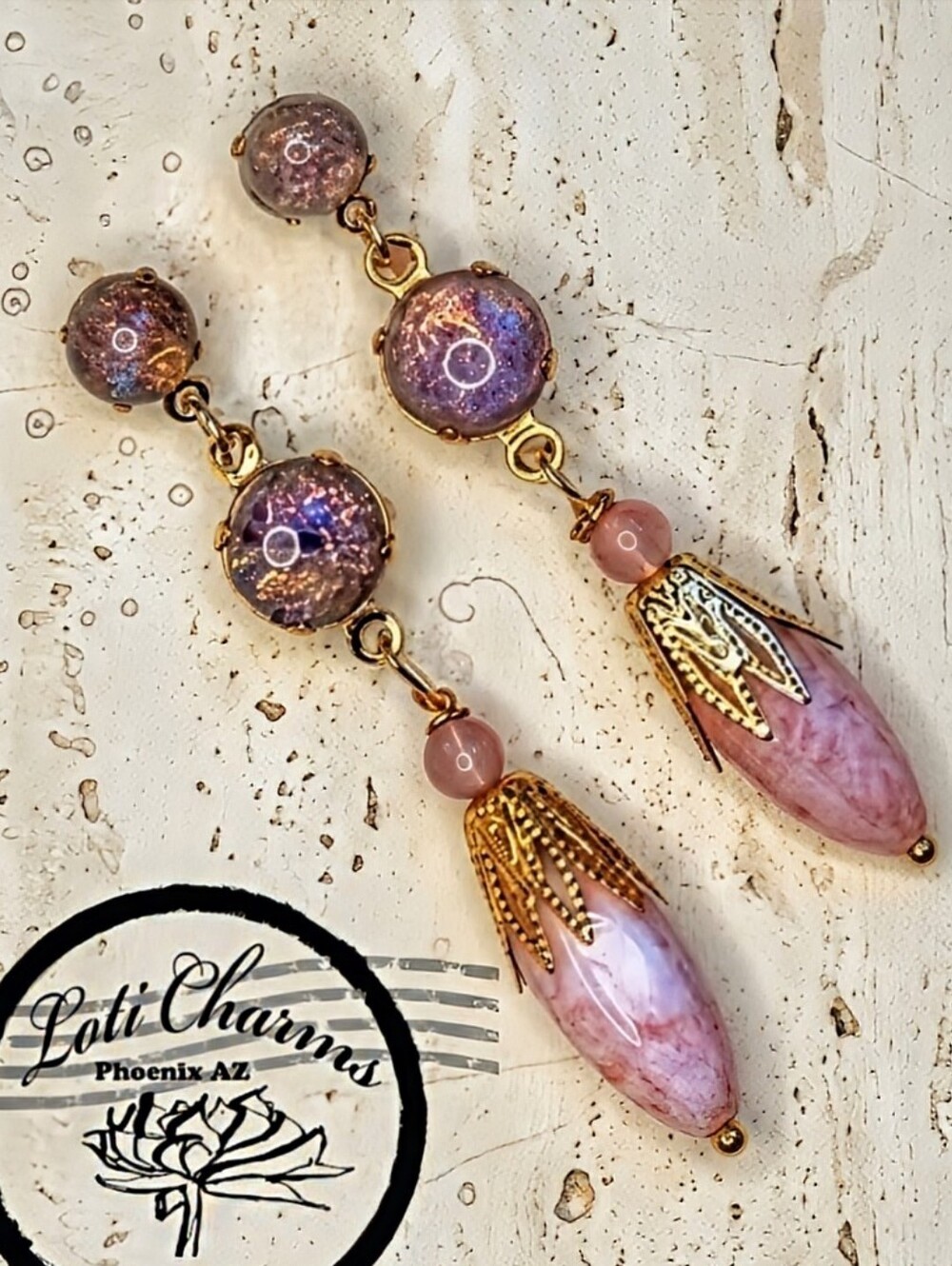 Victorian Pink Fire Opal Glass In Three Tiered Long Gold Plated Earrings